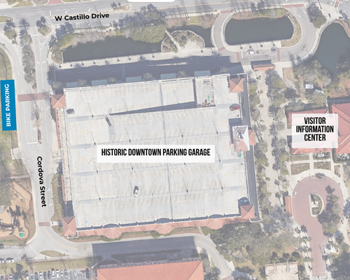 Map of St. Augustine that shows the Downtown parking garage, Visitor Information Center and streets