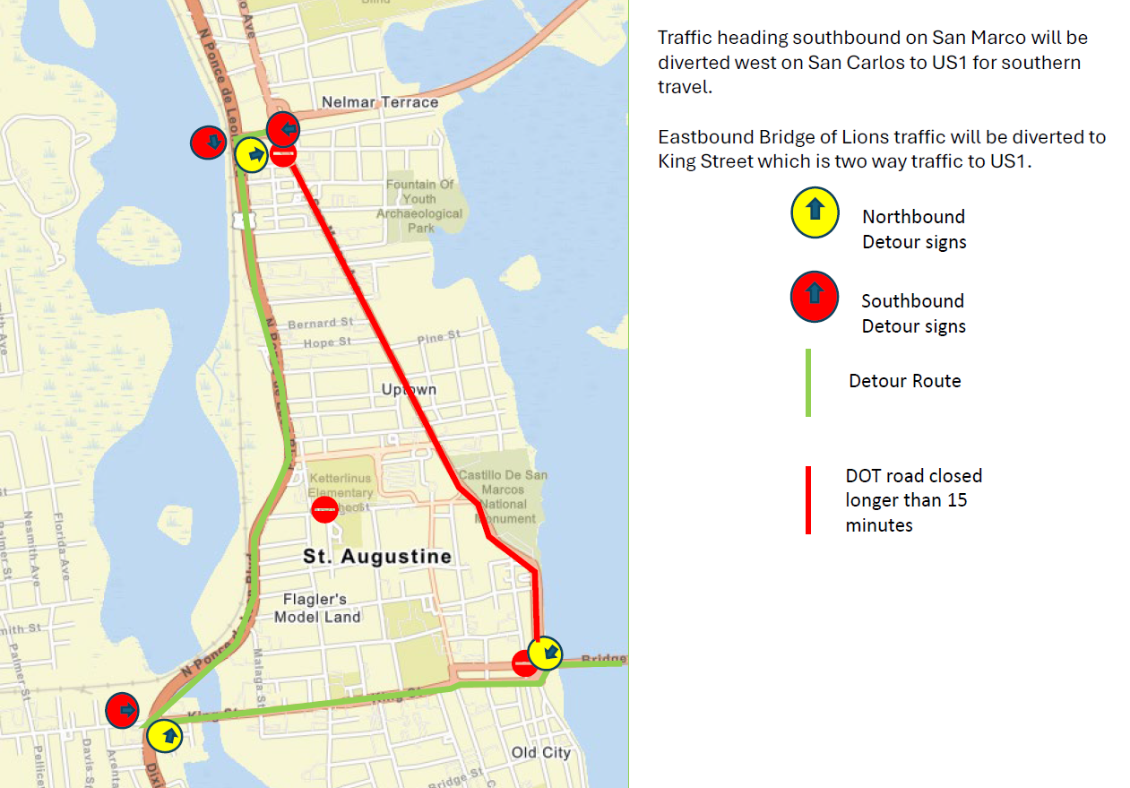 A detour map for the 2025 Christmas Parade in St Augustine Florida